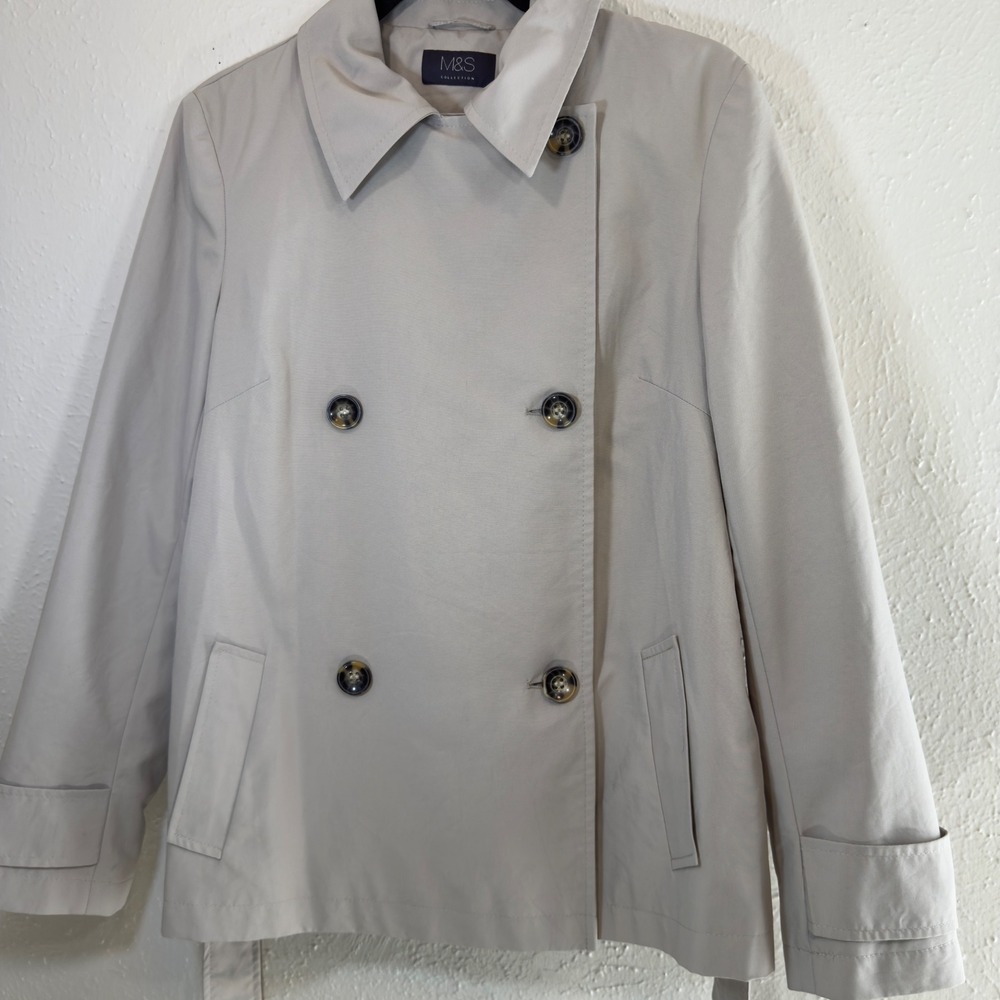 M&S Collection Short Belted Trench Coat Jacket Light Beige Pebble Stone Size 10